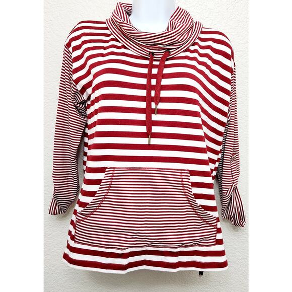 Ruby Rd. Red White Stripe Cowl Neck Long Roll Tab Sleeve Top PS Lightweight Soft - Picture 1 of 4